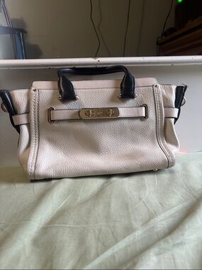 Coach Cream and Black Leather Satchel with Gold Hardware